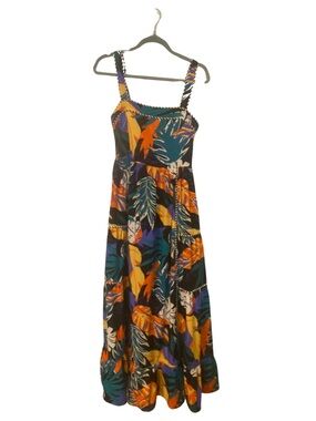 entro Tropical Leaf Maxi Dress - Black, Orange, Teal, Purple